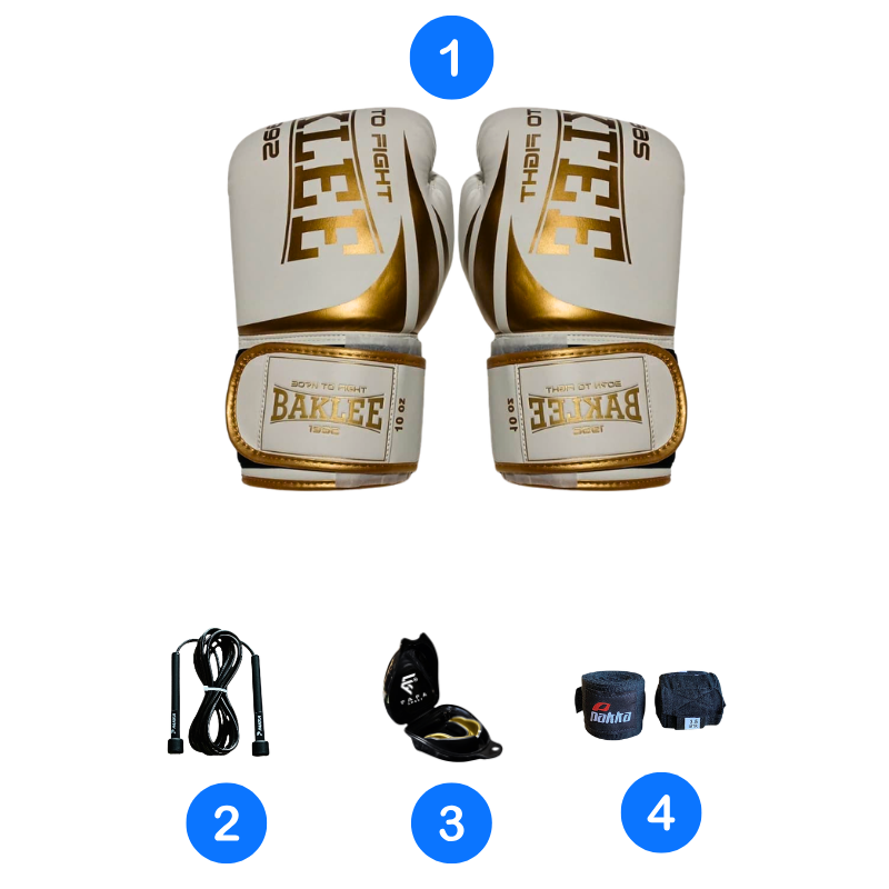 Pack de Boxe Baklee Blanc (Gants de Boxe + Protège-Dents + Bandes 3,5 m + Corde à Sauter)