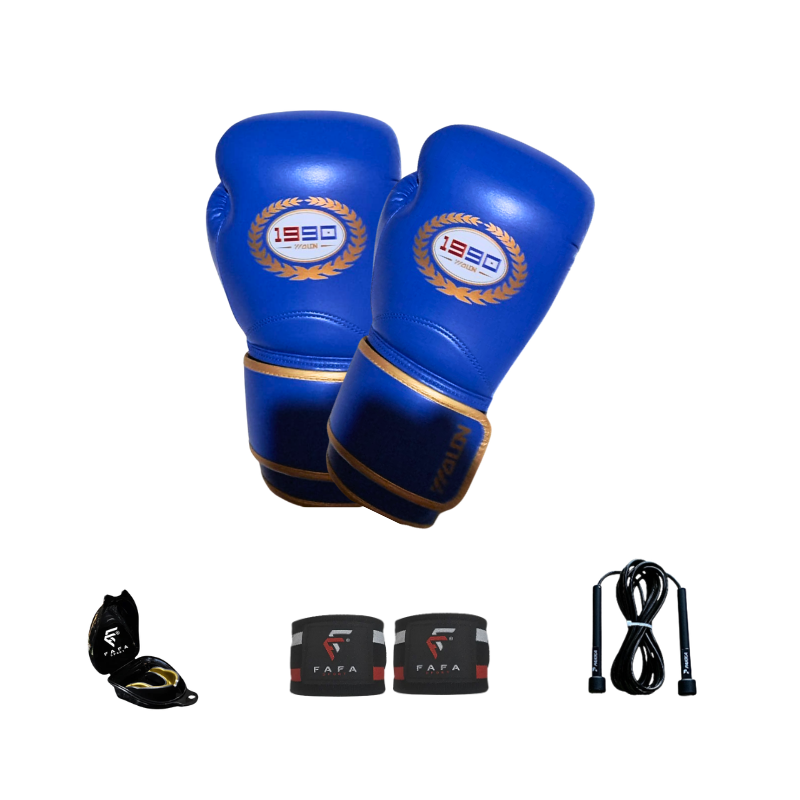 Pack Boxing/Kickboxing Wolon 1990 Pro ( Gant De Boxe Wolon 1990 Noir + Protege dents + Bandes Fafa 3.5m + Corde a sauter )