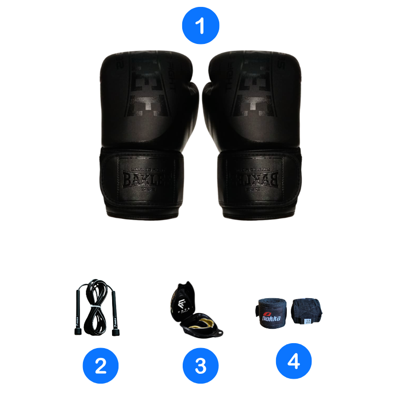 Pack de Boxe Baklee Noir (Gants de Boxe + Protège-Dents + Bandes 3,5 m + Corde à Sauter)