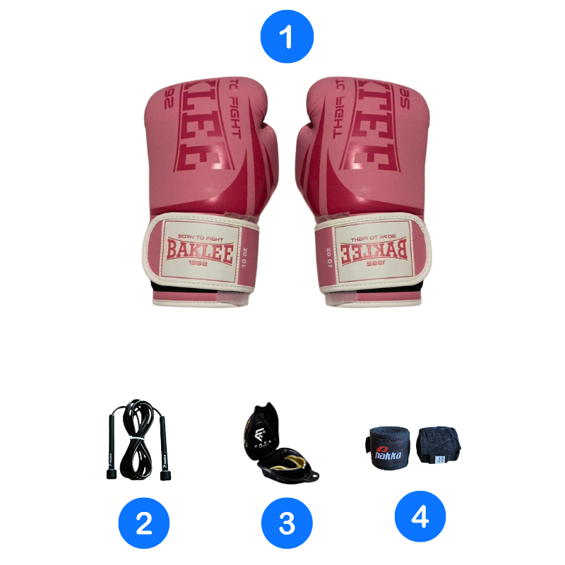 Pack de Boxe Baklee Rose (Gants de Boxe + Protège-Dents + Bandes 3,5 m + Corde à Sauter)