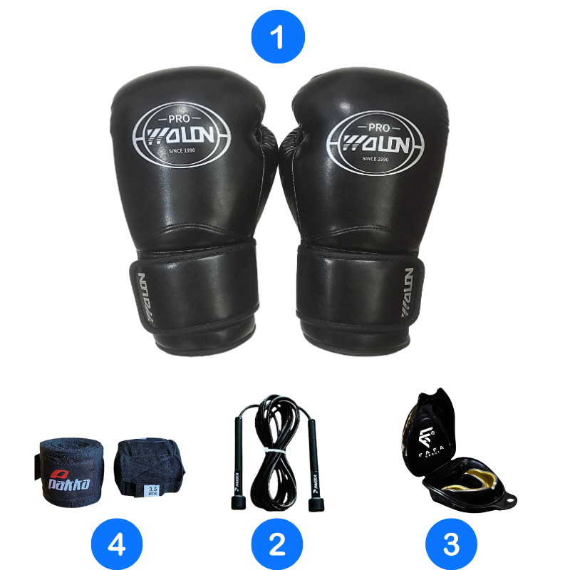 Pack Boxing/Kickboxing Wolon Pro avec gant de boxe noir, protège-dents, bandes de boxe 3,5 m et corde à sauter.