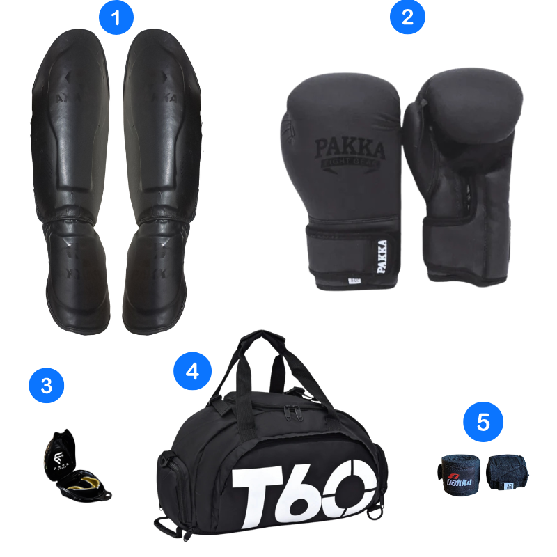 Pack Kickboxing Pro 5x1 ( gant de boxe pakka, protege tibia pakka, sac t60 , protege dents, bandes pakka 3.5 )