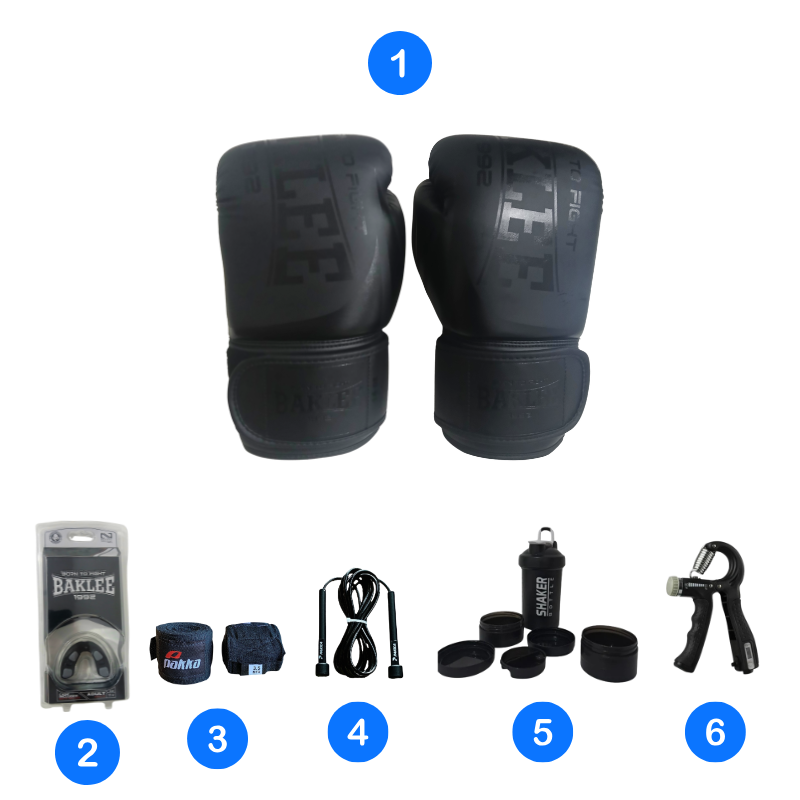 Pack De Boxing Baklee 6x1 ( gant de boxe, protège-dents, bandes, corde à sauter, shaker et hand grip )